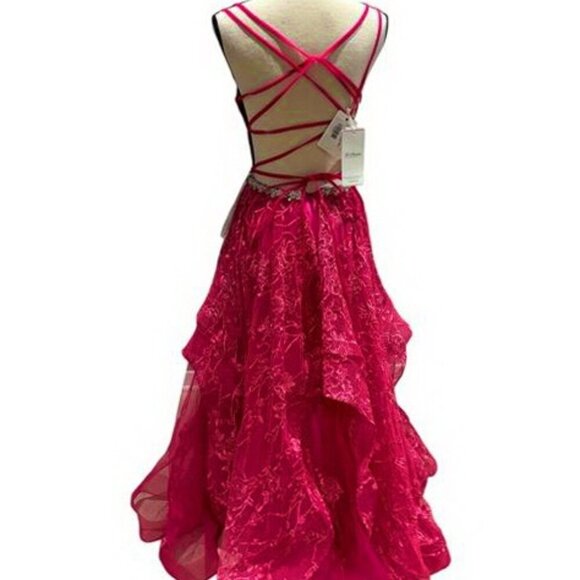 JJ'S House Fuchsia V-Neck Floor-Length Tulle Lace Ball Princess Gown - Picture 2 of 5
